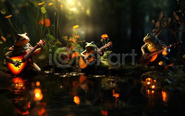 사람없음 JPG 디지털합성 편집이미지 개구리 개울 기타 꽃 동물캐릭터 빛 세마리 양서류 어둠 연주 풀(식물) 풍경(경치)