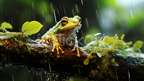 사람없음 JPG 디지털합성 편집이미지 개구리 나뭇가지 동물캐릭터 비(날씨) 양서류 풀(식물) 풍경(경치) 한마리