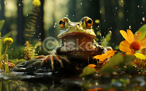 사람없음 JPG 디지털합성 편집이미지 개구리 개울 꽃 돌(바위) 동물캐릭터 물방울 양서류 튀는물 풀(식물) 풍경(경치) 한마리