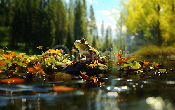 사람없음 JPG 디지털합성 편집이미지 개구리 개울 꽃 돌(바위) 동물캐릭터 양서류 풀(식물) 풍경(경치) 한마리