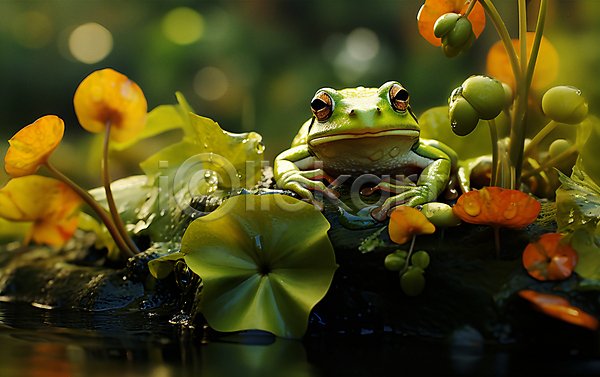 사람없음 JPG 디지털합성 편집이미지 개구리 개울 꽃 동물캐릭터 양서류 연잎 풀(식물) 풍경(경치) 한마리