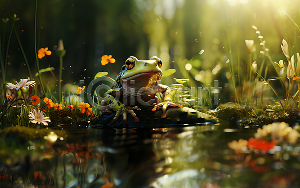 사람없음 JPG 디지털합성 편집이미지 개구리 개울 꽃 돌(바위) 동물캐릭터 양서류 풀(식물) 풍경(경치) 한마리 햇빛