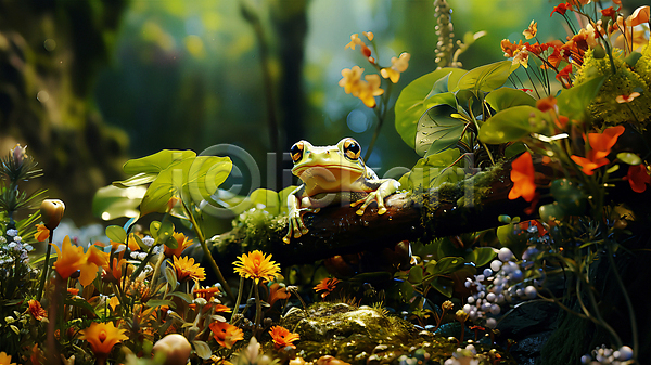 사람없음 JPG 디지털합성 편집이미지 개구리 꽃 나뭇가지 동물캐릭터 양서류 풀(식물) 풍경(경치) 한마리