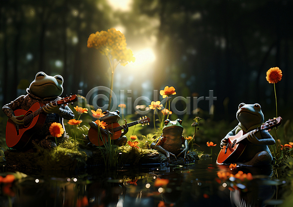 사람없음 JPG 디지털합성 편집이미지 개구리 개울 기타 꽃 동물캐릭터 양서류 여러마리 연주 풀(식물) 풍경(경치) 햇빛
