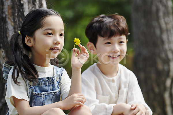남자 두명 소녀(어린이) 소년 어린이 어린이만 여자 한국인 JPG 아웃포커스 앞모습 옆모습 포토 공원 나무 들기 미소(표정) 민들레 상반신 앉기 야외 자연 주간