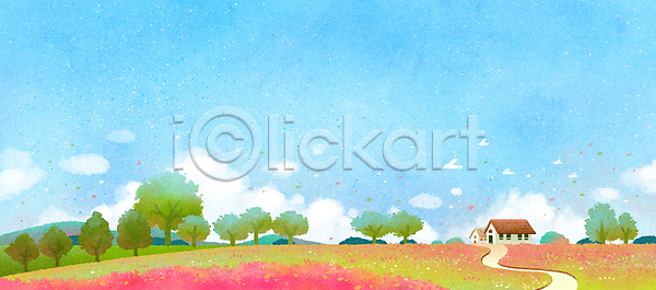 사람없음 PSD 일러스트 가을(계절) 가을풍경 구름(자연) 꽃밭 나무 백그라운드 산 산책로 조류 주택 풍경(경치) 핑크뮬리 하늘