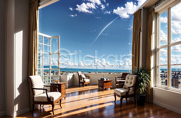 사람없음 JPG 디지털합성 편집이미지 구름(자연) 발코니 비행운 실내 의자 인테리어 창문 탁자 풍경(경치) 하늘 화분