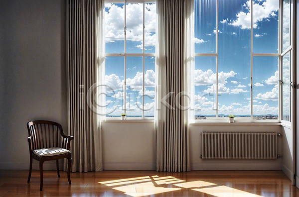 사람없음 JPG 디지털합성 편집이미지 구름(자연) 라디에이터 실내 의자 인테리어 창문 커튼 풍경(경치) 하늘 화분