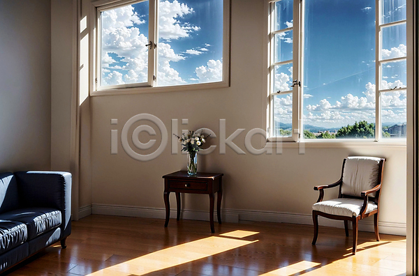사람없음 JPG 디지털합성 편집이미지 구름(자연) 꽃병 서랍장 실내 의자 인테리어 창문 풍경(경치) 하늘