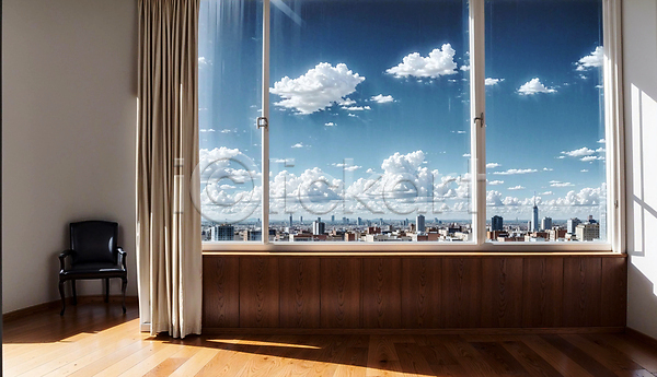 사람없음 JPG 디지털합성 편집이미지 건물 구름(자연) 실내 의자 인테리어 창문 커튼 풍경(경치) 하늘