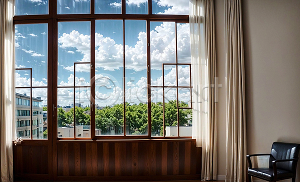 사람없음 JPG 디지털합성 편집이미지 건물 구름(자연) 나무 실내 의자 인테리어 창문 커튼 풍경(경치) 하늘