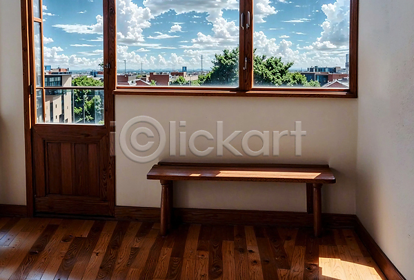 사람없음 JPG 디지털합성 편집이미지 구름(자연) 나무탁자 실내 인테리어 창문 풍경(경치) 하늘 햇빛