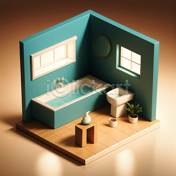 사람없음 3D JPG 디지털합성 편집이미지 거울 방 샤워용품 세면대 아이소메트릭 욕조 창문 청록색 탁자 화분 화장실