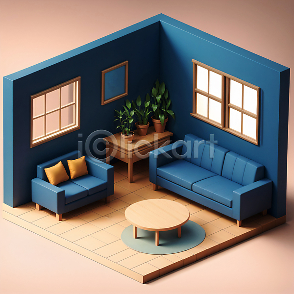 사람없음 3D JPG 디지털합성 편집이미지 방 소파 아이소메트릭 액자 창문 카펫 쿠션 탁자 파란색 화분