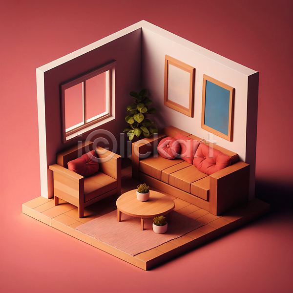 사람없음 3D JPG 디지털합성 편집이미지 나무의자 방 빨간색 소파 아이소메트릭 액자 창문 카펫 쿠션 탁자 화분
