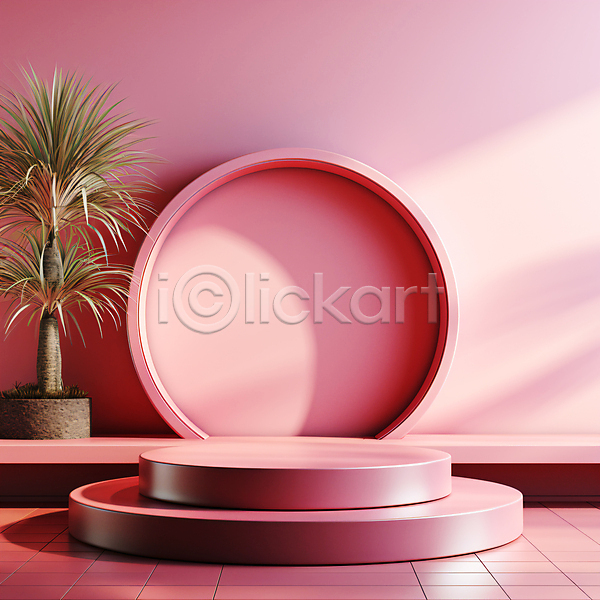 사람없음 JPG 디지털합성 입체 편집이미지 단상 백그라운드 분홍색 시상대 원형 전시 편집소스 포디움 풀잎 화초