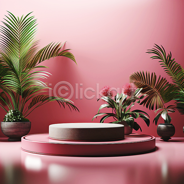 사람없음 JPG 디지털합성 입체 편집이미지 단상 백그라운드 분홍색 시상대 원형 전시 편집소스 포디움 풀잎 화분 화초