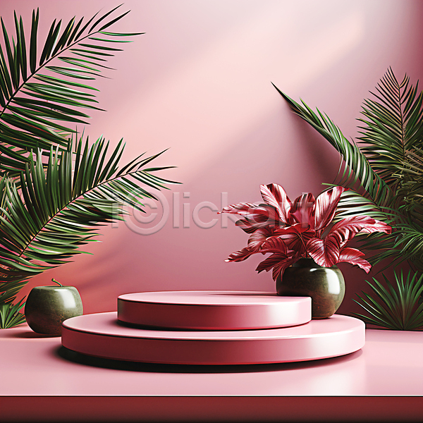 사람없음 JPG 디지털합성 입체 편집이미지 단상 백그라운드 분홍색 시상대 원형 전시 편집소스 포디움 풀잎 화분 화초