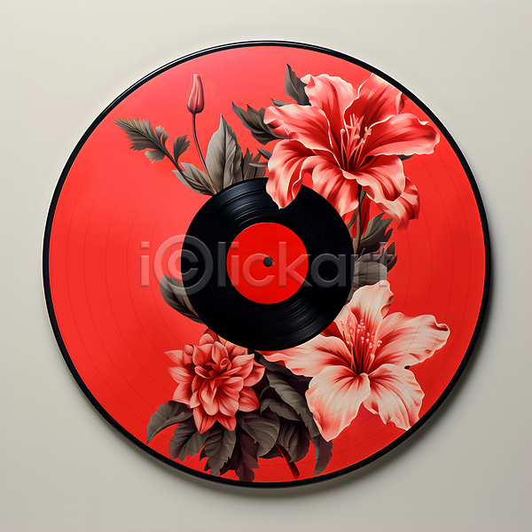 사람없음 JPG 편집이미지 CD자켓 꽃 레코드판 보테니컬아트 빨간색 원형 잎