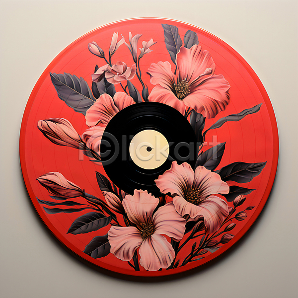 사람없음 JPG 편집이미지 CD자켓 꽃 레코드판 보테니컬아트 분홍색 빨간색 원형 잎
