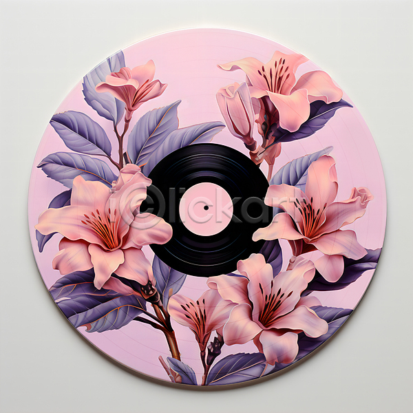 사람없음 JPG 편집이미지 CD자켓 꽃 레코드판 보라색 보테니컬아트 분홍색 원형 잎