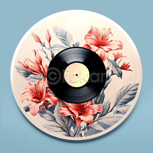 사람없음 JPG 편집이미지 CD자켓 꽃 꽃봉오리 레코드판 보테니컬아트 분홍색 원형 잎