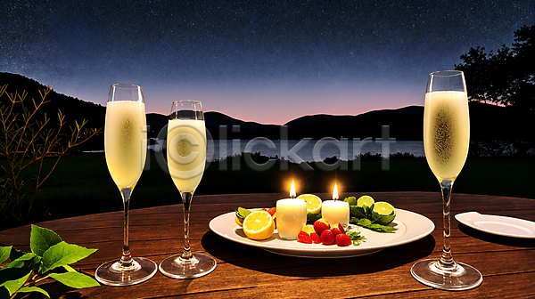 사람없음 JPG 편집이미지 과일 밤하늘 산 스파클링와인 와인잔 접시 초 탁자 풍경(경치) 하늘