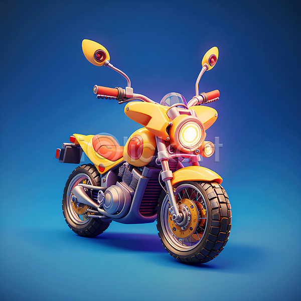 귀여움 사람없음 3D JPG 편집이미지 노란색 로우폴리 바이크 오토바이 파란색 한대