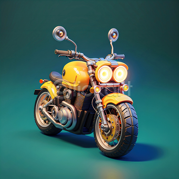 귀여움 사람없음 3D JPG 편집이미지 노란색 로우폴리 바이크 오토바이 청록색 한대