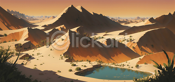 사람없음 JPG 편집이미지 갈색 모래 백그라운드 사막 오아시스 절벽 풀잎 풍경(경치) 호수