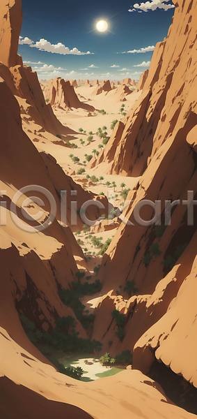 사람없음 JPG 편집이미지 갈색 골짜기 구름(자연) 모래 백그라운드 사막 식물 오아시스 절벽 태양 풍경(경치) 하늘