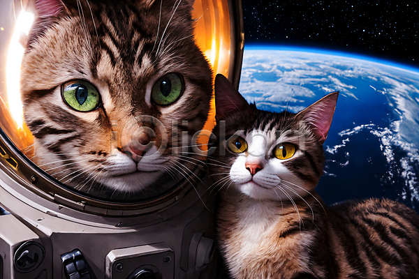 사람없음 JPG 디지털합성 편집이미지 고양이 두마리 우주 우주복 우주비행사 응시 지구 편집소스