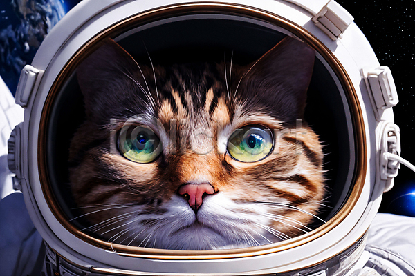 사람없음 JPG 디지털합성 편집이미지 고양이 우주 우주복 우주비행사 응시 지구 편집소스 한마리