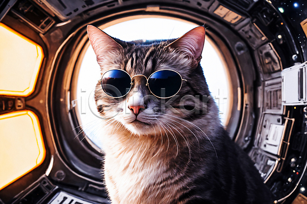 사람없음 JPG 디지털합성 편집이미지 고양이 선글라스 우주 우주복 우주비행사 우주선 응시 편집소스 한마리