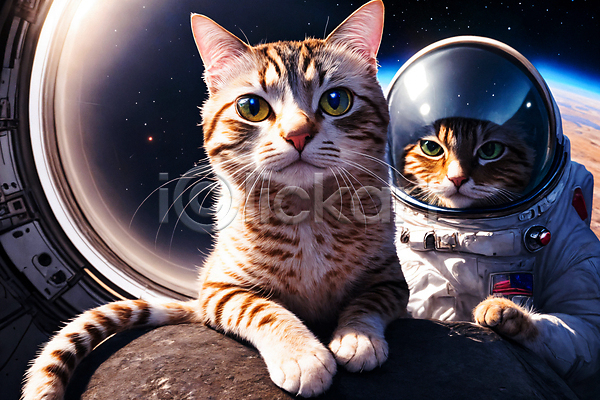 사람없음 JPG 디지털합성 편집이미지 고양이 두마리 우주 우주복 우주비행사 우주선 응시 편집소스 행성