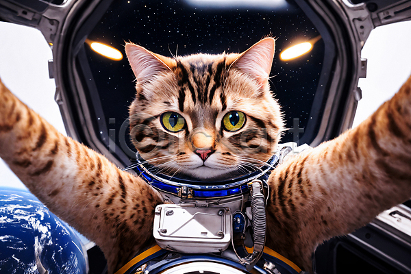 사람없음 JPG 디지털합성 편집이미지 고양이 우주 우주복 우주비행사 우주선 응시 지구 편집소스 한마리