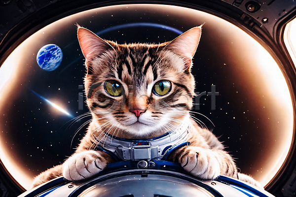 사람없음 JPG 디지털합성 편집이미지 고양이 우주 우주복 우주비행사 우주선 응시 지구 편집소스 한마리