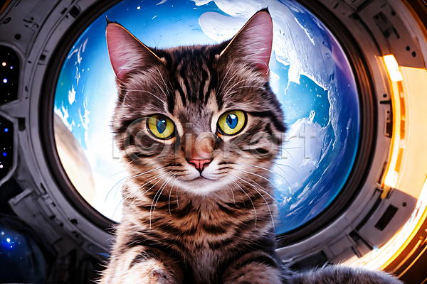 사람없음 JPG 디지털합성 편집이미지 고양이 우주 우주복 우주비행사 우주선 응시 편집소스 한마리