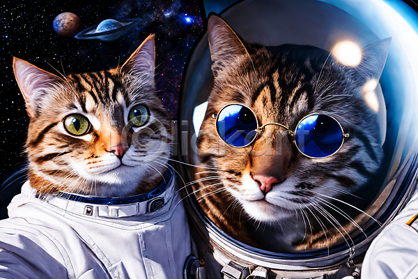 사람없음 JPG 디지털합성 편집이미지 고양이 두마리 선글라스 우주 우주복 우주비행사 응시 편집소스 행성