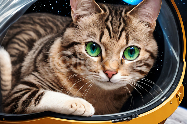 사람없음 JPG 디지털합성 편집이미지 고양이 우주 우주복 우주비행사 웅크림 응시 편집소스 한마리