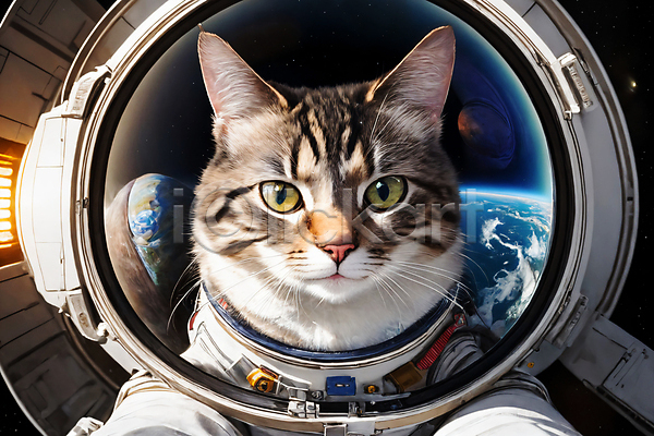사람없음 JPG 디지털합성 편집이미지 고양이 반사 우주 우주복 우주비행사 응시 지구 편집소스 한마리