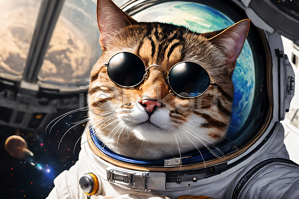 사람없음 JPG 디지털합성 편집이미지 고양이 반사 선글라스 우주 우주복 우주비행사 우주선 응시 지구 편집소스 한마리