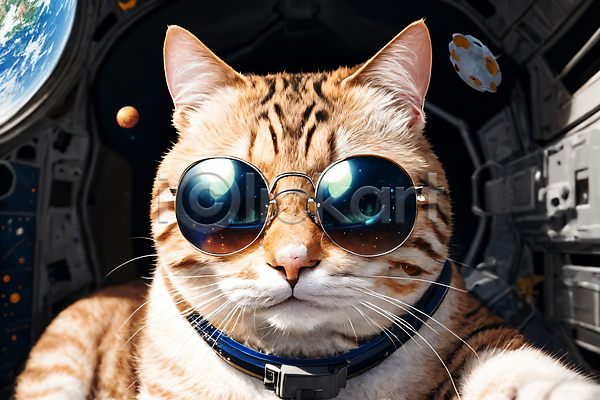 사람없음 JPG 디지털합성 편집이미지 고양이 선글라스 우주 우주복 우주비행사 우주선 응시 지구 편집소스 한마리
