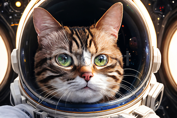 사람없음 JPG 디지털합성 편집이미지 고양이 우주 우주복 우주비행사 우주선 응시 편집소스 한마리