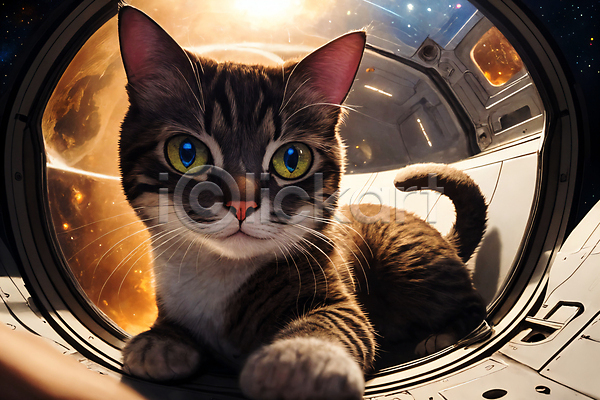 사람없음 JPG 디지털합성 편집이미지 고양이 빛 우주 우주복 우주비행사 우주선 웅크림 응시 편집소스 한마리