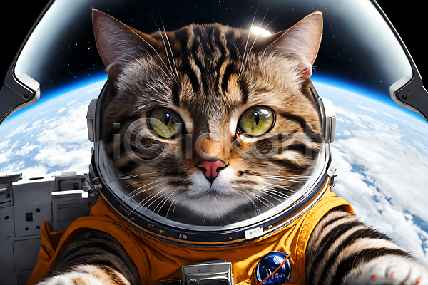 사람없음 JPG 디지털합성 편집이미지 고양이 우주 우주복 우주비행사 응시 지구 편집소스 한마리