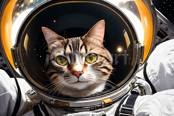 사람없음 JPG 디지털합성 편집이미지 고양이 우주 우주복 우주비행사 응시 편집소스 한마리