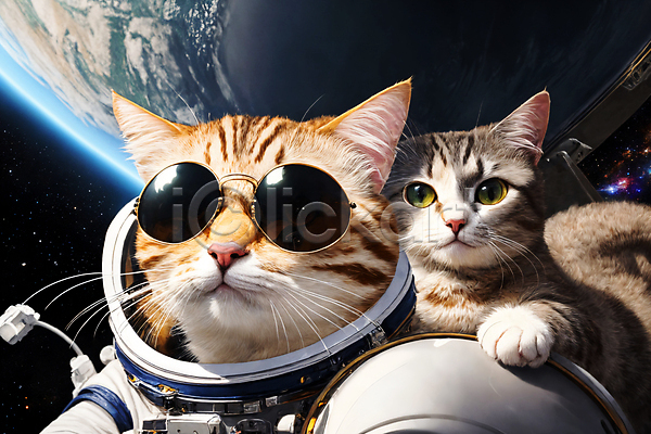 사람없음 JPG 디지털합성 편집이미지 고양이 두마리 선글라스 우주 우주복 우주비행사 응시 지구 편집소스