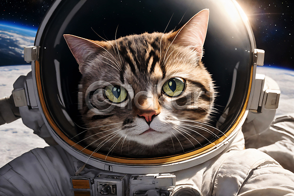 사람없음 JPG 디지털합성 편집이미지 고양이 반사 빛 우주 우주복 우주비행사 응시 편집소스 한마리