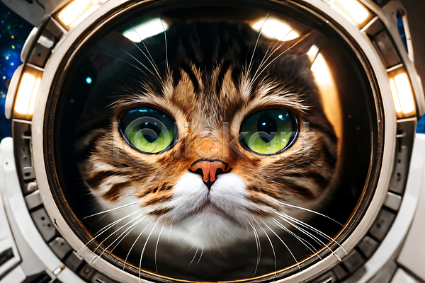 사람없음 JPG 근접촬영 디지털합성 편집이미지 고양이 우주 우주복 우주비행사 응시 편집소스 한마리